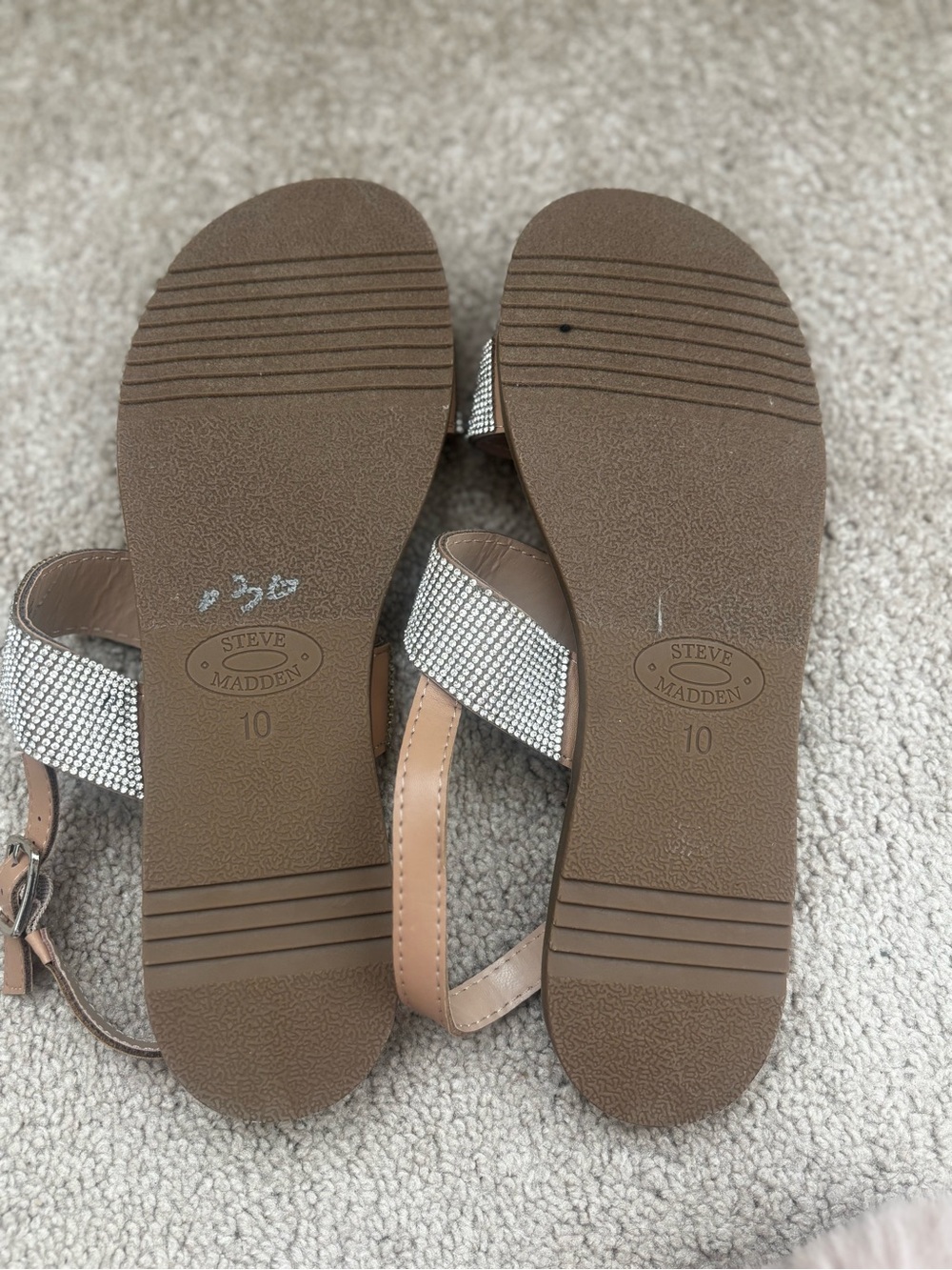 Steve Madden Rhinestone Two-Strap Tan Footbed Sandals - Picture 2 of 4